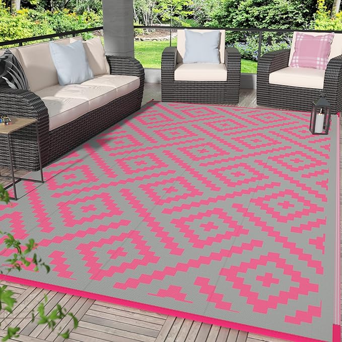 GENIMO Outdoor Rug for Patio Clearance, 6'x9' Reversible Plastic Straw Rugs, Lightweight Waterproof RV Camping Mat for Camper, Balcony, Deck, Backyard, Picnic, Pink & Grey