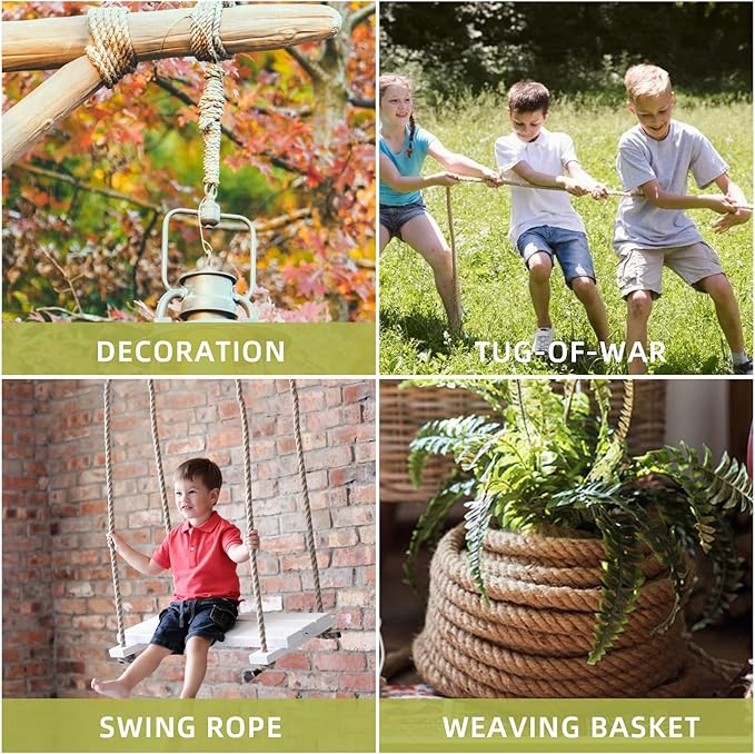 Hemp Rope 2/5 Inch 200 Feet Jute Rope, Natural Heavy Duty Rope, Twisted Hemp Rope for Deer, Thick Rope Tug of War Rope, Nautical Rope for Crafts Swing Rope, Home Decorating Gardening Bundling