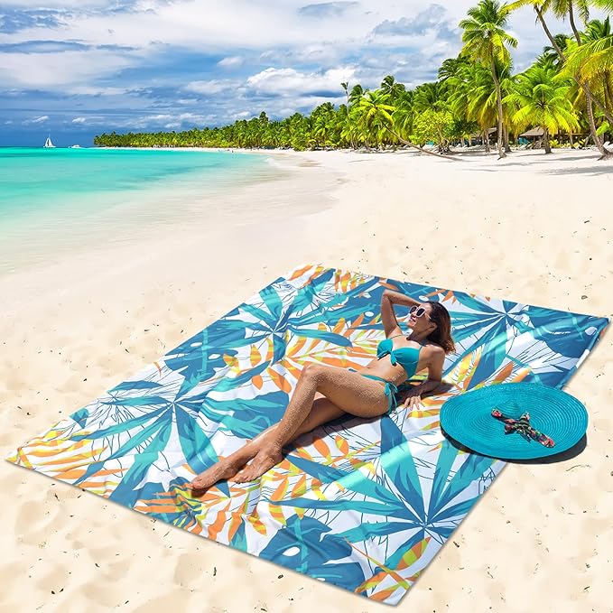 Beach Blanket Waterproof Sandproof Beach Mat 79”x 83” for 1-4 Adults Quick Drying Durable Outdoor Picnic Mat for Beach Festival Travel Camping Hiking (W&GN&Y-Palm, 79"×83"(4 Person))