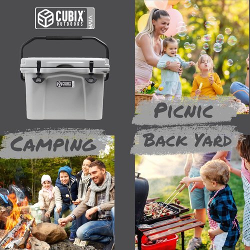 Cubix Outdoors Viva 25QT Portable Rotomolded Hard Cooler, 5-Day Ice Cold Retention, Insulated Coolers, Ice Chest with Cup Holders & Bottle Opener, Ideal for Beach, Picnics, Camping, Cloud Grey