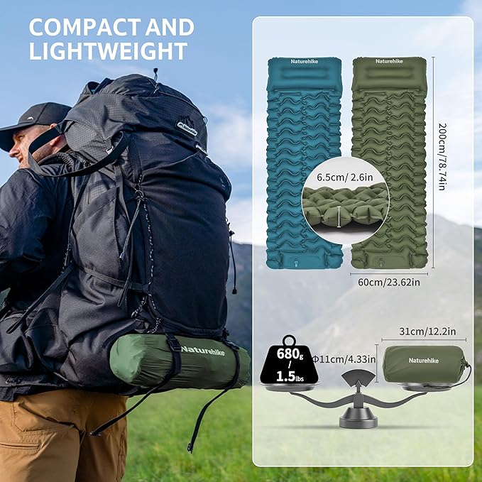 Naturehike Camping Sleeping Pad, Ultralight Inflatable Sleeping Mat with Pillow Built-in Foot Pump, 2.6 Inch Lightweight Air Mattress for Backpacking, Hiking, Traveling (Green)