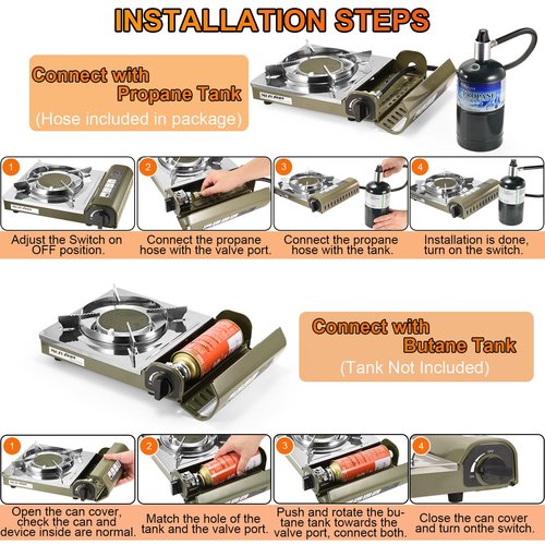 MOZODAWN Dual Fuel Camp Stove, 8000 BTU Infrared Butane & Propane Portable Gas Stove, Windproof Single Burner with Carrying Case | Storage Bag | Hose Adapter, Outdoor Camping Essentials