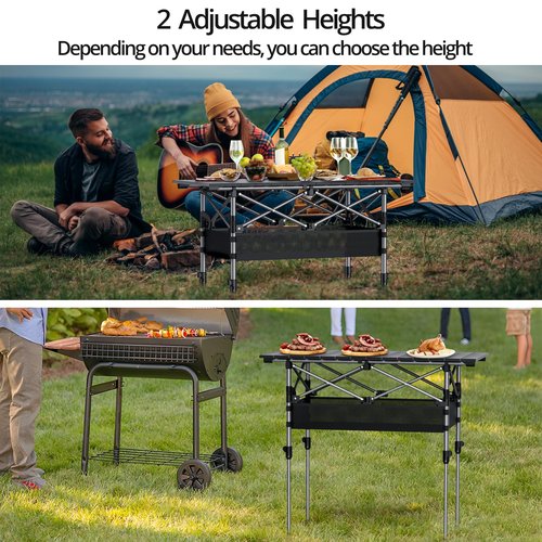 Anbte Folding Camping Table, Aluminum Roll Up Camping Table Adjustable Height with Storage Net and Bag, Lightweight Outdoor Table 32.2” X 16”, for Outdoor Travel BBQ Party Picnic, Black