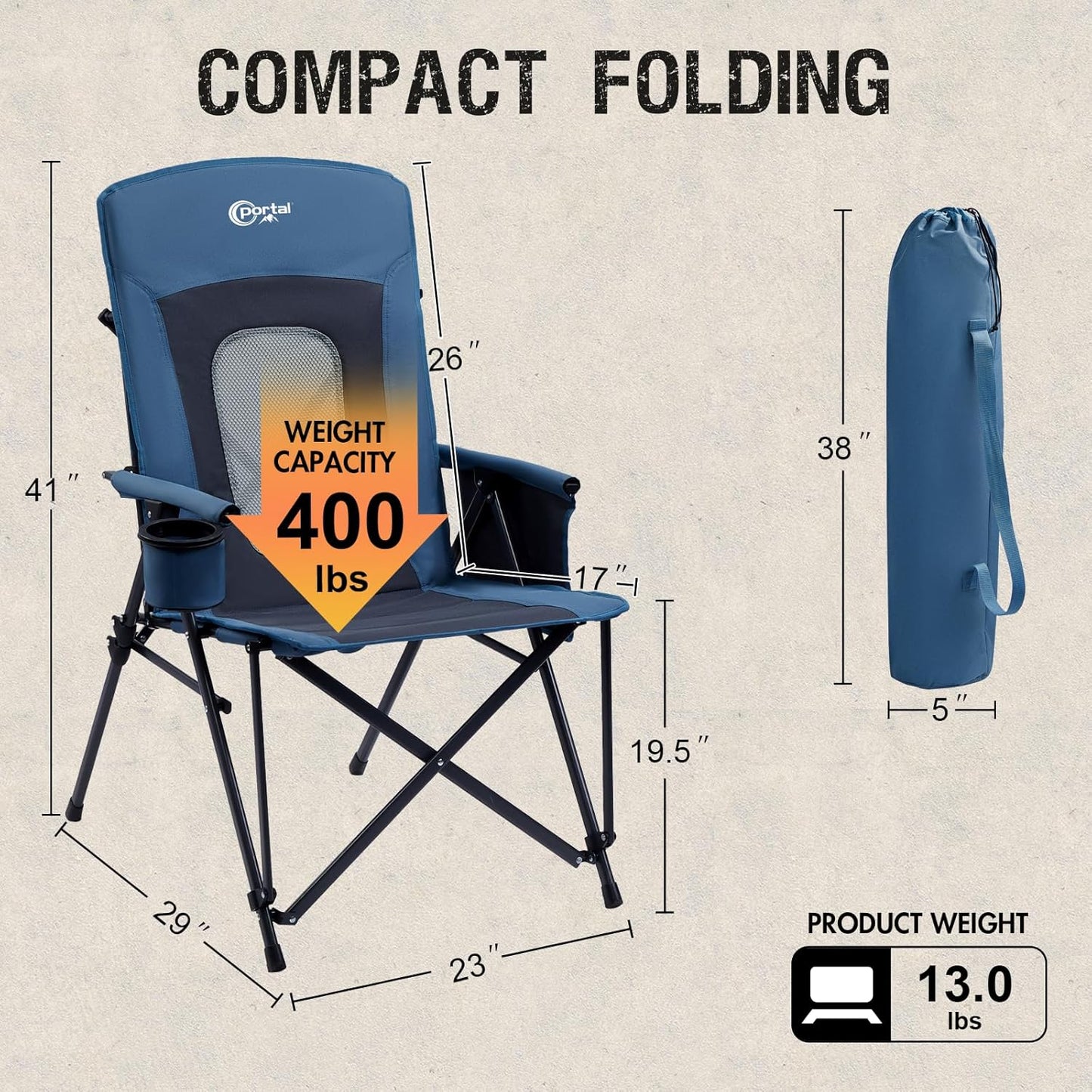 PORTAL Oversized Folding Camping Chair High Back Portable Lawn Chairs for Adults Outdoor Sports with Hard Armrest Cup Holder，Supports 400LBS Black