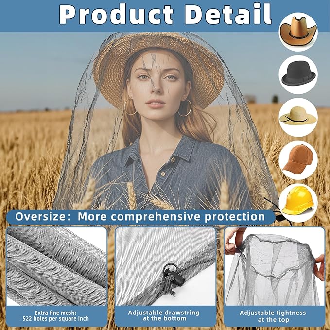 2 Pack Ultra Large Mosquito Net 42x25 Inches Mosquito Head Net Oversized Insect Netting Bug Fits Most Hats for Gardening Hiking Fishing Traveling(Gray+White)