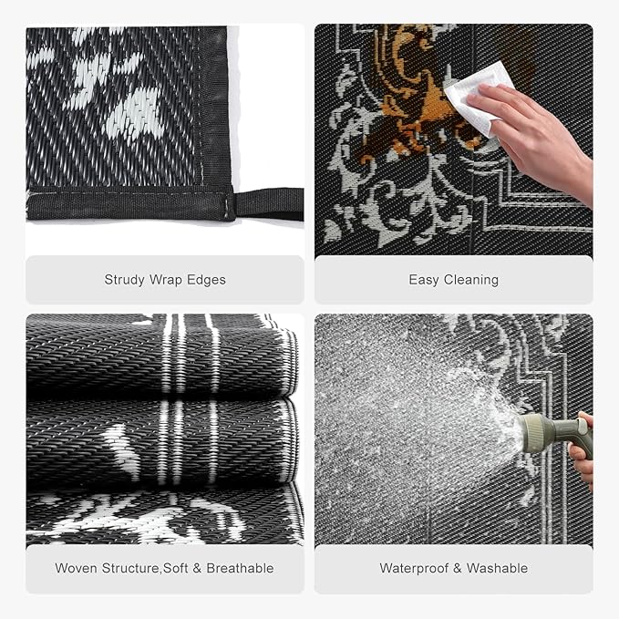 wikiwiki Outdoor Rug, 9x12ft Waterproof Reversible Mat Indoor Outdoor Rugs Carpet, Small Area Rug Plastic Straw Rug for Patio Deck Balcony Pool RV Camping Beach Picnic, Classic Black, Rugscape Series