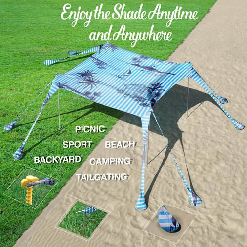Rhino Valley Beach Tent, 10x10 FT Beach Shade UPF50+ Protection, Beach Canopy with 8 Sandbags 4 Stability Poles, Outdoor Beach Tent Sun Shelter Umbrella for Sand,Camping,Fishing Essentials, Black Tree