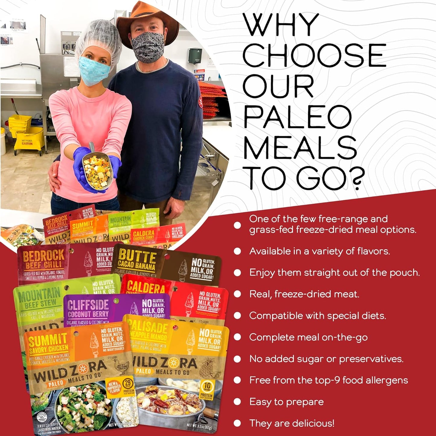 Wild Zora Paleo Freeze Dried Meals for Backpacking & Camping - Healthy Gluten Free & Grain Free Camping Meals/Backpacking Food + No Added Sugar - Great for Travel (AIP 4-pack)