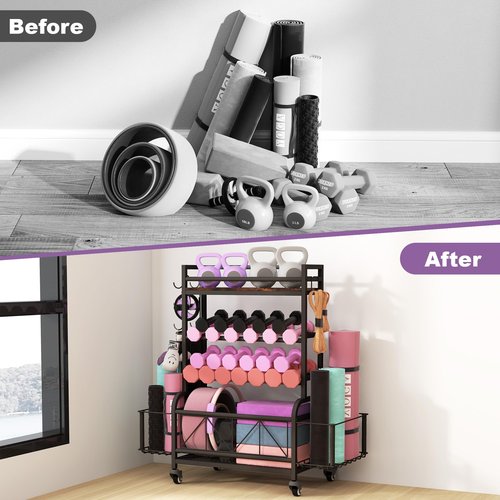 Qriocioa Dumbbell Rack, Home Gym Storage, Gym Storage Rack with Hooks and Wheels,Gym Equipment Storage,Weight Rack for Dumbbells for Organizing Yoga Mats, Kettlebells,Dumbbells, Foam Rollers and ball