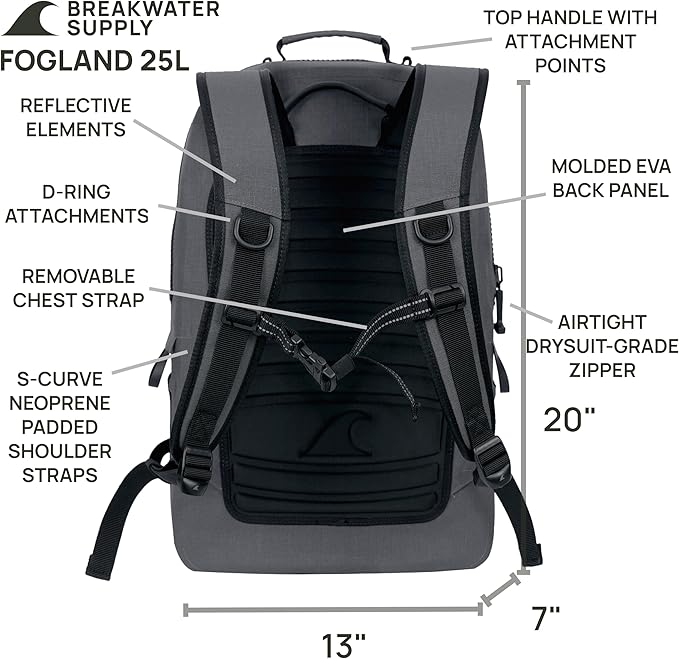 Breakwater Supply™ 100% Waterproof Submersible Backpack, Laptop Bag, Airtight Zippers | Travel Outdoors | Fogland 25L 20L 15L