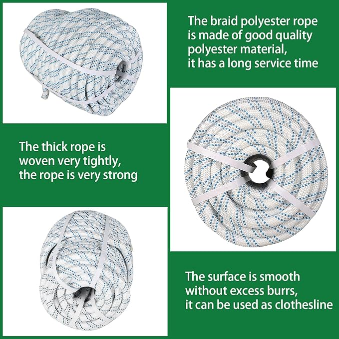3/4 in 150 FT Braided Rope 16500 LBS Breaking Strength High Force Polyester Rope Suitable for Swing Camping Tree Work Arborist Rigging White Grey Blue