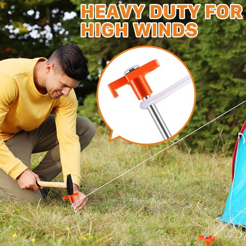 Yihurlm 20 Pack Tent Stakes,10Inch Heavy Duty Ground Stakes,Non-Rust Metal Tent Pegs,Steel Tent Stakes Tent Spikes for Outdoor Camping Garden Camping Family Tent,with 2 Pcs 10FT Ropes(Orange)