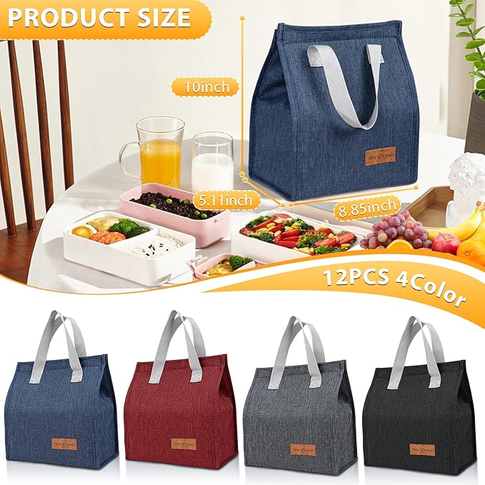 24 Pack Lunch Bags Bulk,Insulated Reusable Lunch Bags with Aluminum for Women Men,Leakproof Tote Large Lunch Box for Office,Work,Beach or Travel,Black