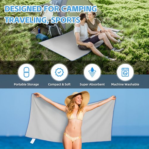 NUOYEE 4 Pack Camping Towel Set Microfiber Lightweight Quick Dry Bath Travel Towels Men Women S L XL Fast Drying Compact Absorbent Towel for Body Beach Yoga Swimming Pool Hiking Picnic(Light Grey)