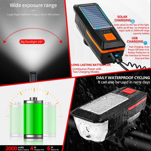 Bike Horn Headlight Solar/USB Dual Charging Bike Horn Light High Brightness Bike Headlight Waterproof Bike Horn Light Ideal for Mountain and Road Night Riding Essential Gear for Night Cycling (Red)