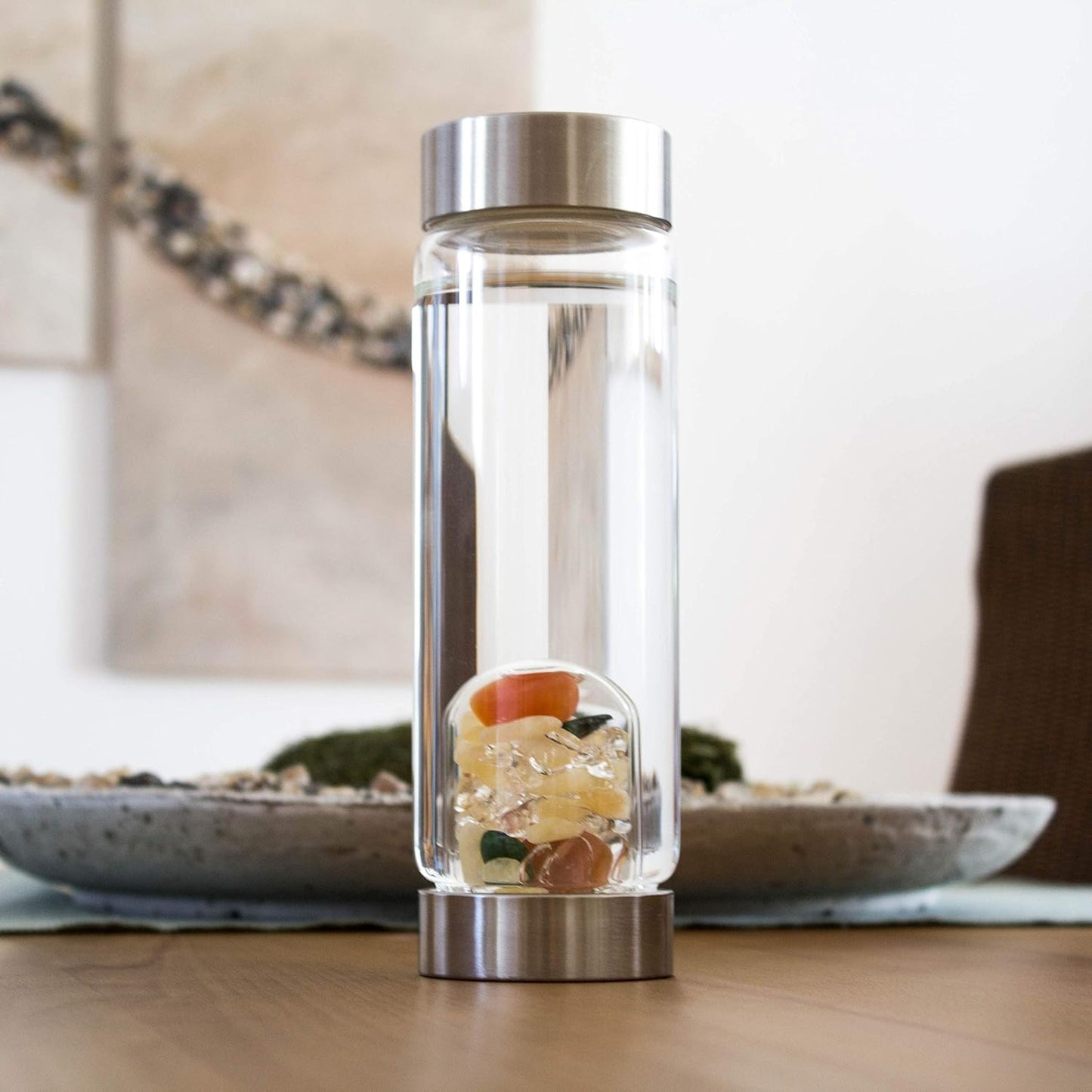 VitaJuwel ViA LUNA | Crystal Water Bottle with Rainbow Moonstone and Clear Quartz for Intuition, Empathy, Femininity