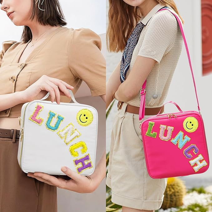 Insulated Lunch Bag Women Lunch Box Kids for Teen Girls Boys, Cute Preppy Lunch Boxes With Adjustable Shoulder Strap, Waterproof Nylon Lunchbox Lunch Bags for School Work Picnic (Rose Red)
