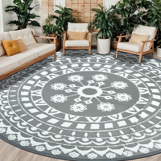 Capslpad 10Ft Round Outdoor Rug for Patios Clearance Reversible Mat Plastic Straw Patio Rugs Lightweight RV Camping Mat Circle Outside Area Rug Carpet for Balcony Deck Trailer Picnic BBQ, Grey
