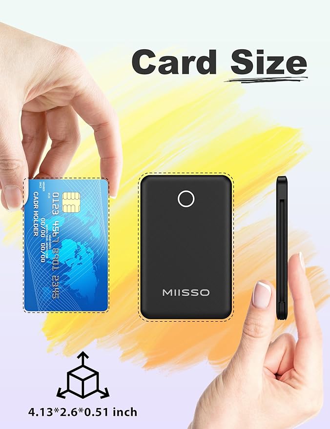 6000mah Ultra Slim Built in Cables Power Bank, Card Size Built in USB C Cords Battery Pack Portable Charger for Phones, 3 Output External Battery Pack Compatible with iPhone, Samsung, Deep Black
