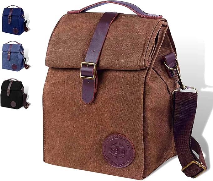 Insulated Lunch Bag 10L Sturdy Waxed Canvas Lunch Box for Men and Women, Leakproof Insulated Cooler Bag for Work Picnic Hiking, Lunchbox for Adults with Shoulder Strap (Brown)