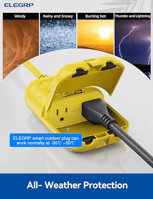 ELEGRP Outdoor Smart Dimmer Plug Waterproof IP66, Smart WiFi Plug with 2 Individually Sockets, Compatible with Alexa & Google Assistant, Outdoor Dimmer for String Lights, UL Listed, 2 Pack, Yellow