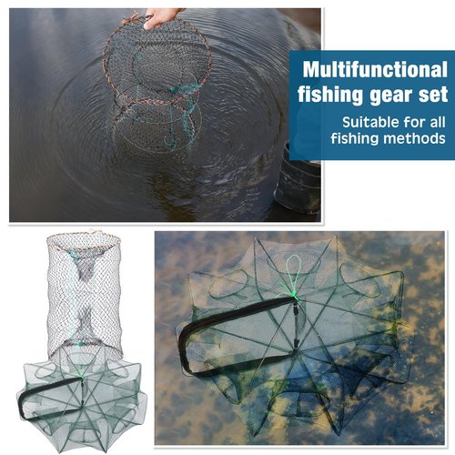 Relaxgiant 6 Pcs Fishing Net Trap Portable Folded, Crab Trap Minnow Trap, Fishing Landing Net with Telescoping Pole Handle, Casting Net Bait Trap with Heavy Duty Sinker and Storage Bucket