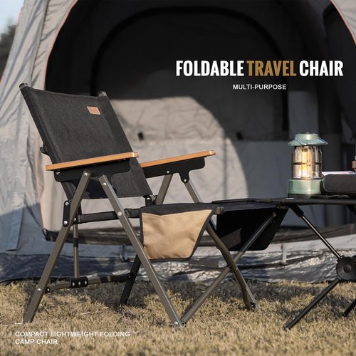 FEIWOOD GEAR Folding Camping Chair, Lightweight Portable Chair Wood Armrest with Side Pockets, Cup Holder for Camping, Picnic, Concert, Beach, Fishing, Outdoor