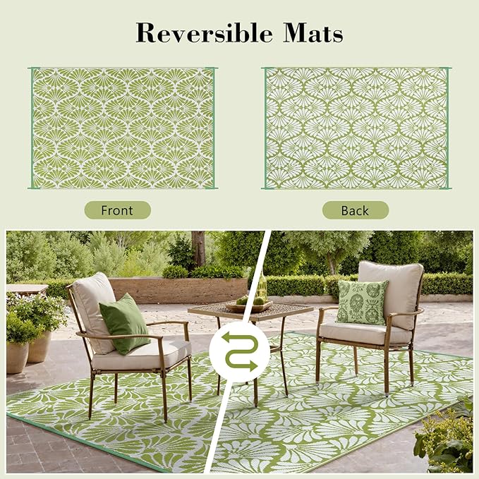 Lahome Outdoor Plastic Straw Camping Rugs, Waterproof 6x9 Outdoor Patio Rugs, Reversible Portable Outside Carpets for Beach Camping Picnic Rv, Pale Green,6'x9'