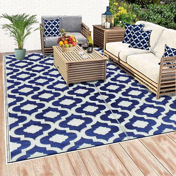 BalajeesUSA Outdoor Rug - 2 PK 5x7 Blue, Reversible Recycled Plastic Straw Outdoor Patio Rugs Clearance Waterproof Large RV Camper Mats 491