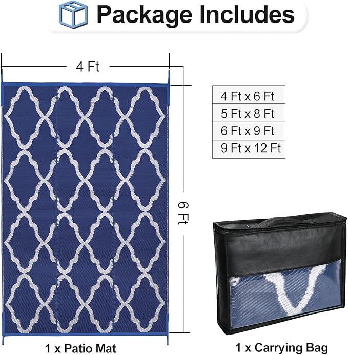 OutdoorLines Outdoor Plastic Area Rugs for Patio 4x6 ft - Reversible Outside Carpet, Stain & UV Resistant RV Mats, Straw Rug for Camping, Deck Garden, Porch and Balcony, Moroccan Navy & Light Grey