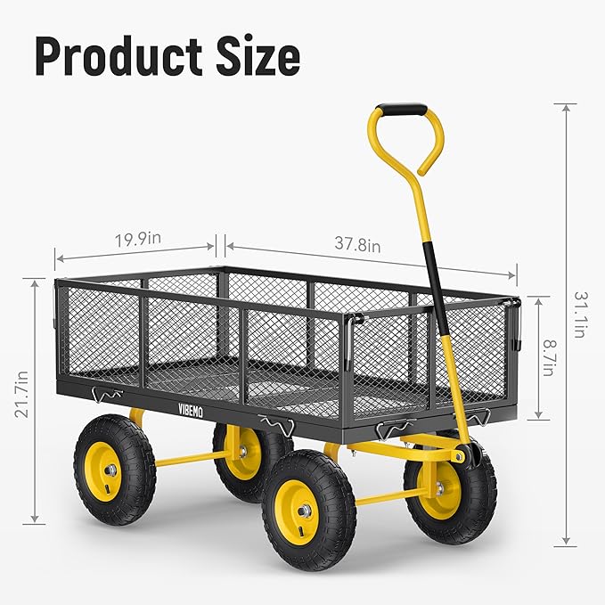 Steel Garden Cart, 2-in-1 900 lbs Heavy Duty Utility Wagon, with Removable Mesh Sides to Convert into Flatbed, 240° U-Turn 10" Pneumatic Tires Garden Wagon for Farm Yard Lawn Garden Camping