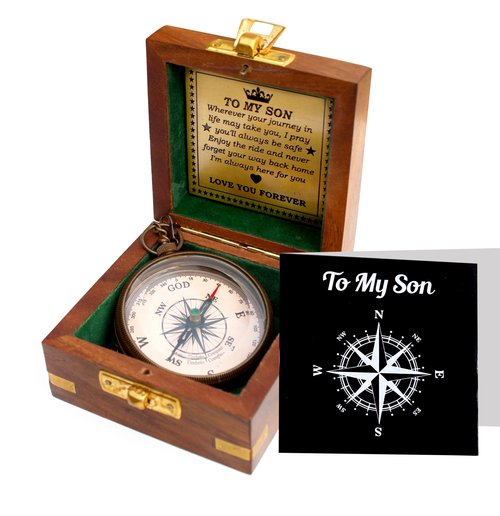 to My Son Compass with Wooden Box. Gift for Son from Mom Dad, Father to Son Gifts, Birthday Baptism Confirmation Communion, Mom to Son Gifts for Graduation Day, Compass for Women Men