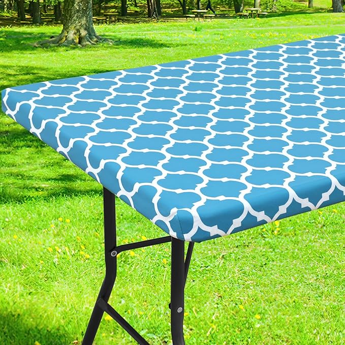 Smiry Rectangle Picnic Table Cover, Waterproof Elastic Fitted Camping Tablecloths for 4 Foot Tables, Wipeable Flannel Backed Vinyl Tablecloth Protector for Indoor, Outdoor (Light Blue, 30x48 Inches)