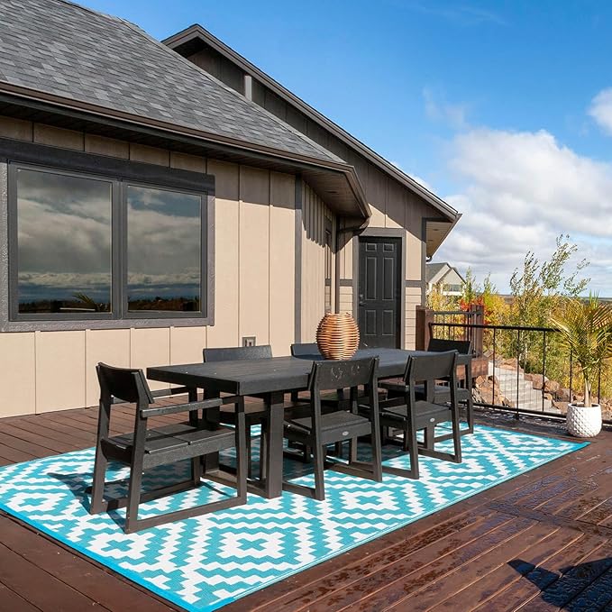 Outdoor Patio Plastic Straw Rug - 5'x8' Outdoor Camping Rug Waterproof Reversible, Area Carpet Patios Clearance RV, Outside Porch Balcony Deck for Camper, Blue & White