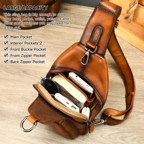 Womens Vintage Leather Sling Bag Crossbody Bag for Women with Metal Buckle, Adjustable Leather Shoulder Strap