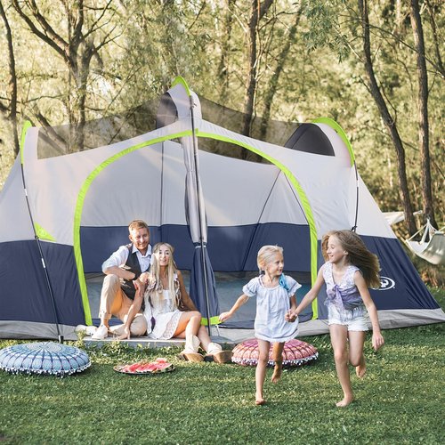 UNP Camping Tent 8/9 Person, Family Camping Tent, 5 Large Ventilation Mesh Windows, 14'x14'x78 inches Tall with Dividers Curtain for 2 Room