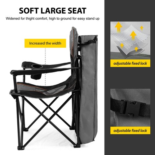 FAIR WIND Oversized Camping Lounge Chair with Adjustable Shade Canopy for Outdoor Sports Heavy Duty Quad Fold Chair Arm Chair - Obsidian