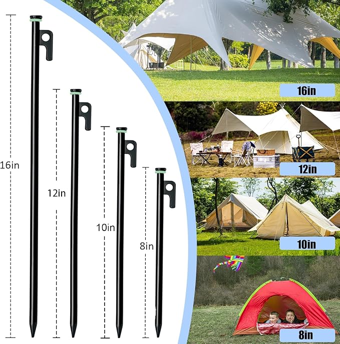 12 Pack Tent Stake with Hammer, 16in Heavy Duty Tent Stakes + 10in Camping Hammer+Storage Pouch, Forged Steel Tent Stakes for Camping Used on Rocks(12 Pack 16in Tent Stakes+Hammer