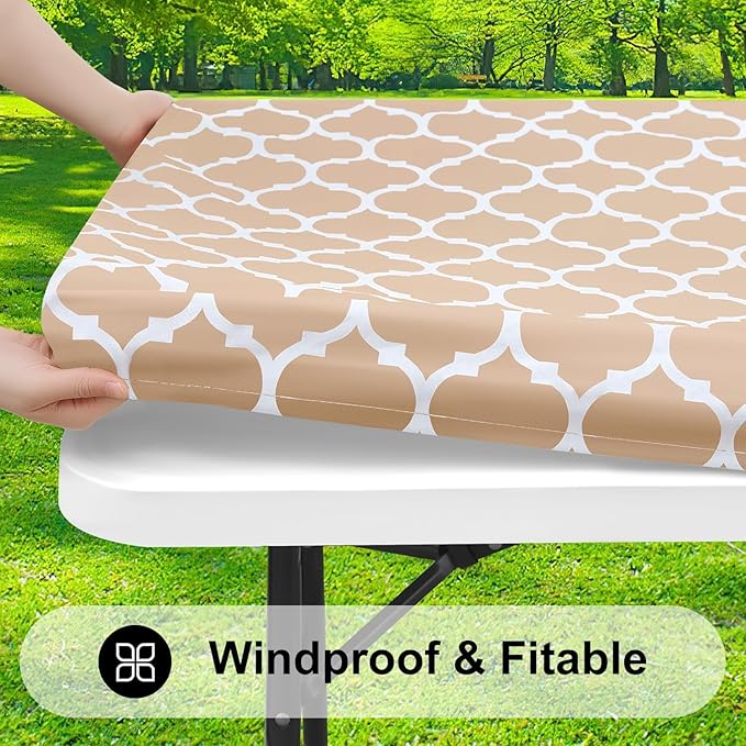Smiry Rectangle Picnic Table Cover, Waterproof Elastic Fitted Camping Tablecloths for 6 Foot Tables, Wipeable Flannel Backed Vinyl Tablecloth Protector for Indoor, Outdoor (Khaki, 36x72 Inches)