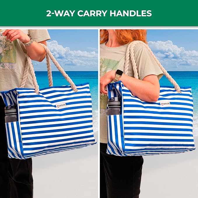SHYLERO Beach Bag and Pool Bag. Has Airtight Pouch, Ton of Pockets. Beach Tote is Zippered, Water Resistant. Family Size