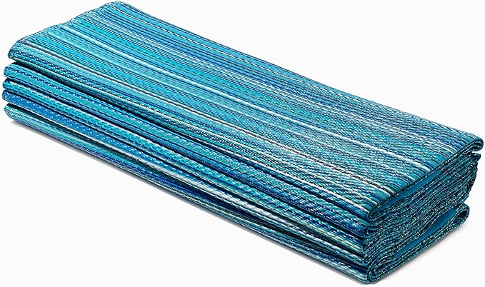 FH Home Outdoor Camping Rug - Waterproof, Fade Resistant, Reversible - Premium Recycled Plastic - Striped - Large Patio, Deck, Sunroom, RV - Havana - Turquoise - 9 x 12 ft Foldable