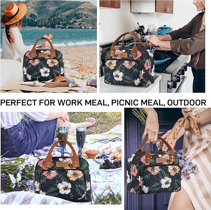 Buringer HOMESPON Lunch Bag for Woman Man Adults with Front Pocket Insulated Lunch Tote Lunch Box Container for Work Picnic or Travel（Green Leaves）