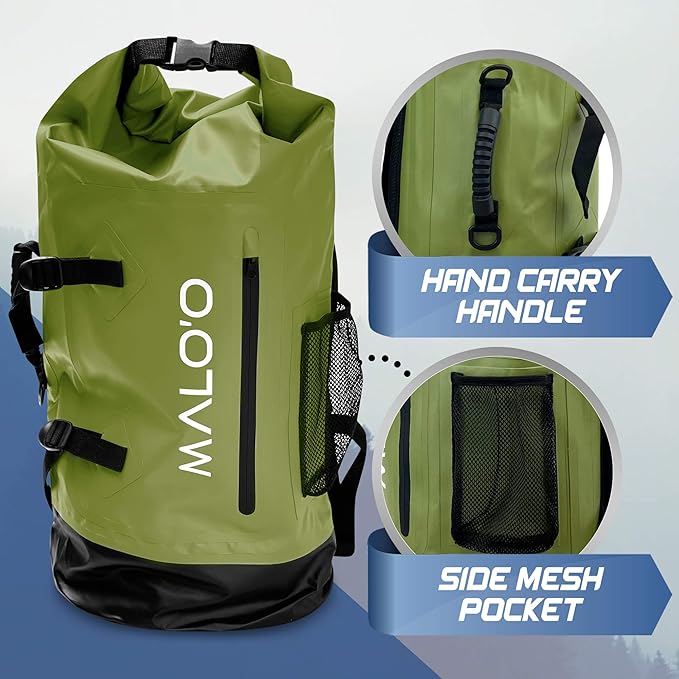 Malo'o 45L Waterproof Heavy Duty Backpack Dry Bags for Kayaking, Camping, Fishing, Hiking Daypack - Beach Accessories, Boat accessories, and Travel Gear - Fishing Rod Case Straps