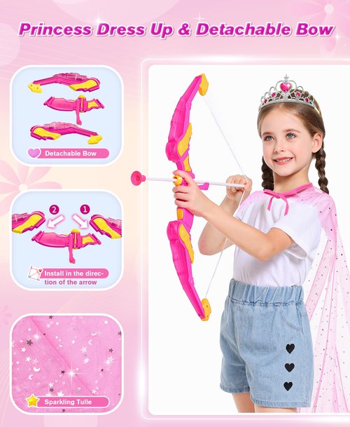 DUDUCOFU Kids Bow and Arrow Set Toys for Girls, LED Light Up Archery Bow Set with Princess Cape and Crown, 10 Suction Cup Arrows, Indoor and Outdoor Play Birthday Gift Toy for Kids Boys Girls