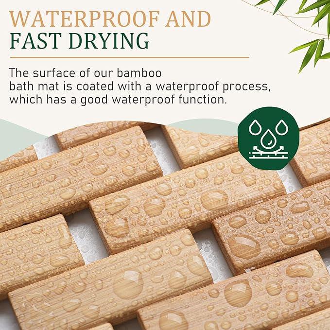 downluxe Bamboo Bath Mat for Bathroom - Waterproof Bamboo Shower Mat Non Slip, Foldable Bathroom Floor Mat for Indoor & Outdoor (Natural Color, 15" X 24", Small)