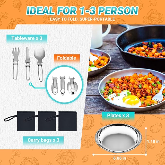 KingCamp Camping Cookware, Lightweight Cook Set Non-Stick Stainless Steel Essentials Mess Kit with Pot Pan Cups Plates Forks Knives Spoons for Camping Backpacking Outdoor Picnic