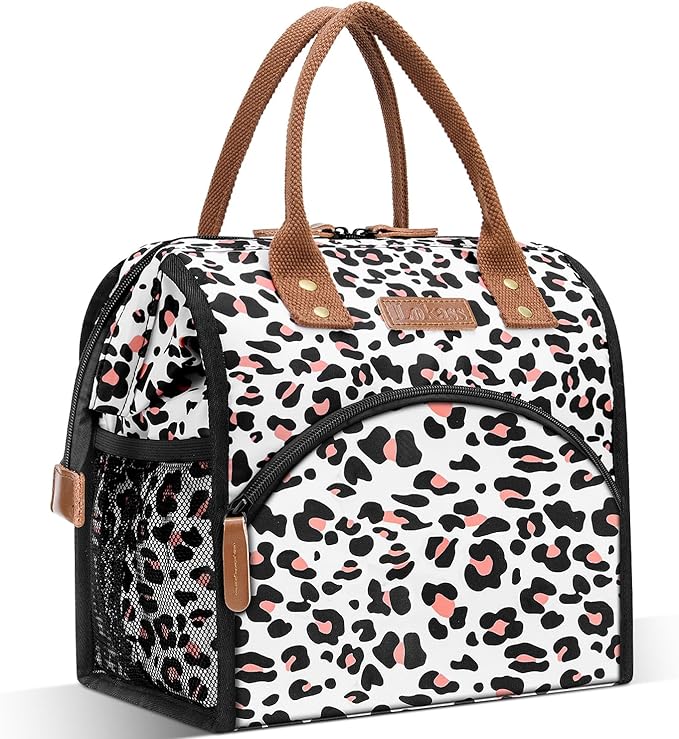 LOKASS Lunch Bag Women Insulated Lunch Box Wide-Open Lunch Tote Bag Large Cooler Bag for Work Picnic Hiking Beach Fishing（Leopard）