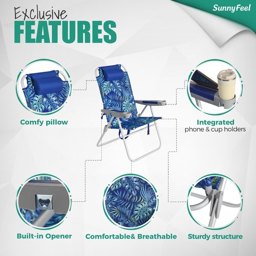 SUNNYFEEL Extra Wide 28" Folding Beach Chair 5 Position Lay Flat, Portable Camping Chair with Cup Holder for Outdoor/Lawn/Trip/Picnic, Lightweight Foldable Sand Chairs for Adults