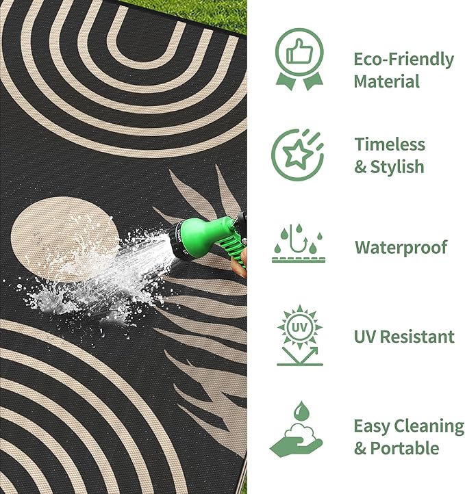 GENIMO Outdoor Rug 5' x 8' Waterproof for Patio Clearance, Reversible Plastic Straw Camping Carpet, Lightweight Rugs Mats for Rv, Backyard, Deck, Porch, Picnic, Balcony, Mix-Black & Brown