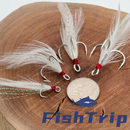 FishTrip Feathered Treble Hooks Fishing, 15Pcs Dressed Treble Hook Size 4 for Fishing Spoons Spinner Crankbait Jerkbait